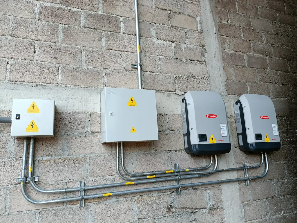 Inversores y tablero eléctrico montados sobre muro en una nave industrial